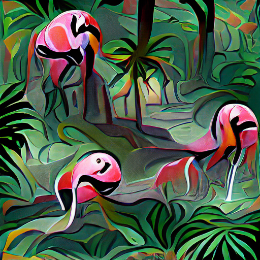Flamingos in a tropical forest