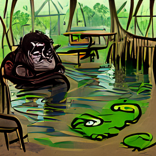 A bored ape languishes at a clubhouse in a swamp.
