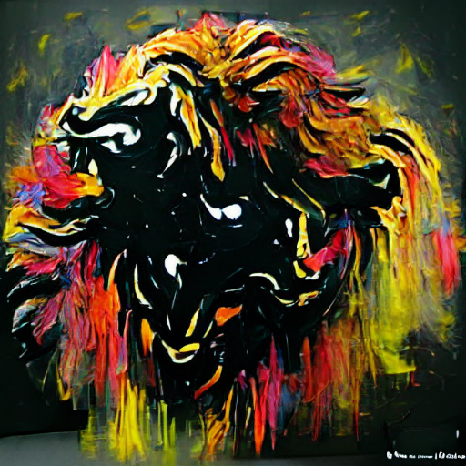 a bright abstract painting of a lion on a black background